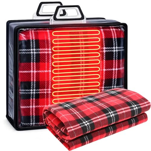 Tuanse Auto-Heizdecke, 12 V, beheizte Decke mit Temperaturregler, USB-Adapter, Auto-Steckdosenadapter, Heckklappe für kaltes Wetter und Notfall-Set (schwarz, rot, kariert) | Stromversorgung über Zigarettenanzünder, verstellbarer Temperaturregler, tragbare Aufbewahrungstasche