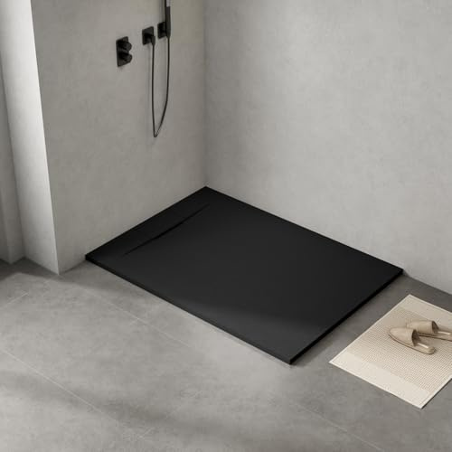 WITEN&NOCK SMC Duschwanne 140x100cm schwarz Brausewanne Duschtasse extra flache Steinoptik Antirutschfür Duschkabine Duschwand