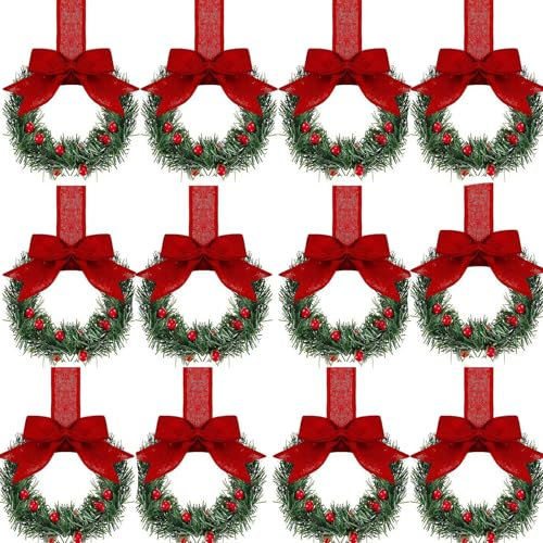 12pcs 10cm Small Wreaths for Kitchen Cabinets, Christmas Wreath with Bows, Artificial Greenery Christmas Wreaths for Xmas Window Wall Front Door Decor, Baubles & Lantern (A)
