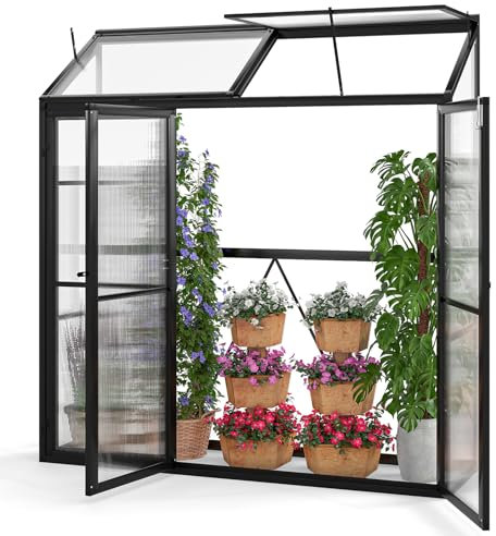 COSTWAY Gewächshaus, Anlehngewächshaus Tomaten, Treibhaus mit Oberlicht & 3 verschließbaren Türen, Aluminium, Beistell Tomatengewächshaus, Gartenhaus Pflanzenhaus groß, Schwarz, 180 x 52 x 190 cm