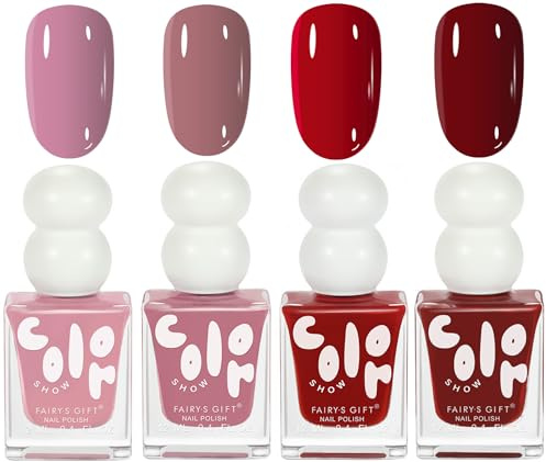 Nail Polish Sets, 4PC Red Pink Nail Varnish, Quick Dry, Wine Red, 12ml Each | Glossy Finish, Soft Pink, Burgundy Mauve and Deep Wine Red, For Women and Beginners, DIY Manicure, Christmas Gift