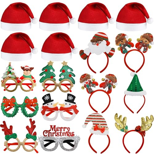 fiintrwa 18PCS Weihnachtsbrillen und Weihnachtsmann Mütze Set, Lustig Weihnachts Haarreif, Weihnachtsassesoires Geeignet für Erwachsene und Weihnachten Weihnachtsfeier