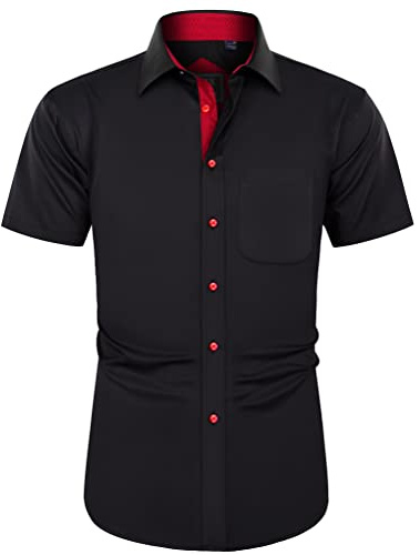 J.VER Mens Shirt Short Sleeve Stretch Non Iron Formal Dress Shirt Regular Fit Business Casual Wedding Work Office Button Down Shirt Black Red XL
