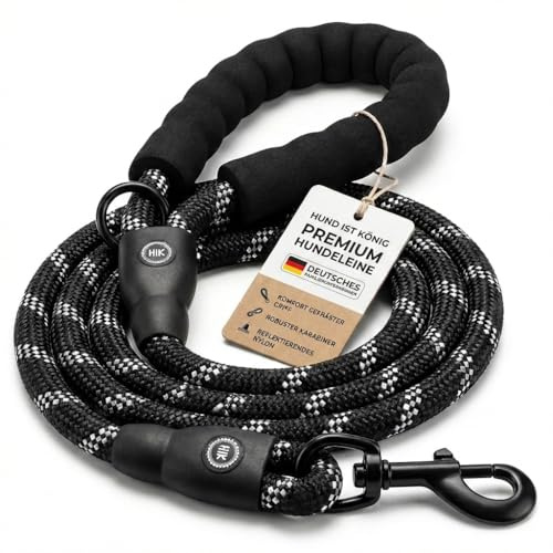 HUND IST KÖNIG Hundeleine - Hunde Leine für Gassigehen & Training - Führleine mit weichem Griff & Reflektoren - ideale Alltagsleine für Hunde zwischen 10-25kg (True Black, 2,0 m x 1,2 cm)