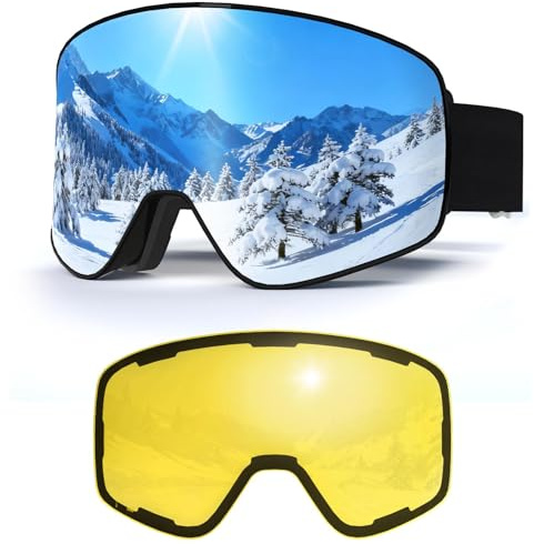 VCOROS Masque de Ski avec Magnétique Lentille Interchangeable,YH212 Lunettes de Ski OTG pour Unisexes Ajustables Anti Buée Coupe-Vent Anti-UV Lunettes de Snowboard pour Sports Hiver (01-Silver/Black)