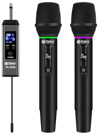 D Debra 2.4G Wireless Microphone Set with Dynamic RGB Lighting, 2 Handheld Mics, 50m Range, 99 Anti-Interference Channels, Heart-Shaped Pickup for Home Karaoke & Parties
