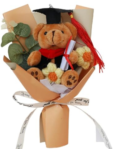 Generico Bouquet di fiori di rose con orso da laurea, fiori di laurea fatti a mano all'uncinetto, bouquet di peluche unico a lunga durata, conservato per la festa della mamma