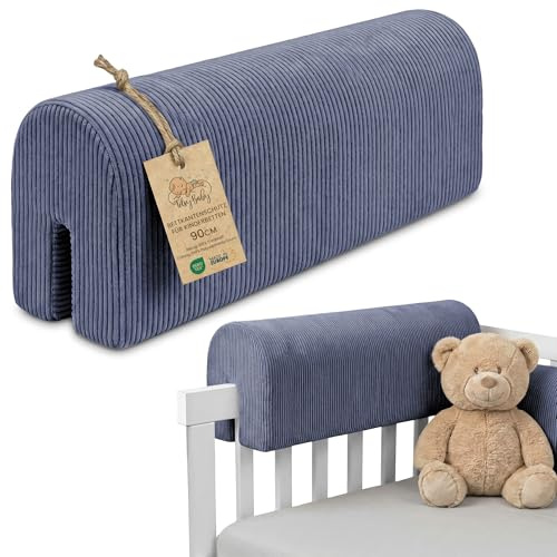 Chichoneras cuna parachoques cunas bebe 90 cm - protector anti caida y golpe espuma de barrera seguridad niños y niñas para cama protection de valla y borde infantil Pana Oeko-Tex Azul vaquero