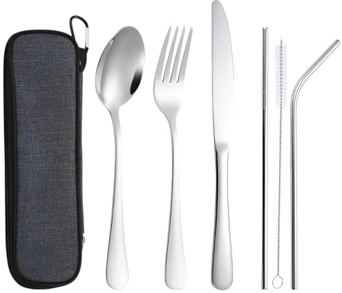 YANJINGSEH 8-Piece Travel Cutlery Set – Stainless Steel Knife, Fork, Spoon + Straw & Brush | Dishwasher-Safe Eco Kit for One Person, Silver
