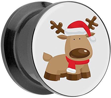 Piercingfaktor Ohr Plug Flesh Tunnel Piercing Ohrpiercing Kunststoff Schraub Schraubverschluß mit Picture Motiv Rentier mit Weihnachtsmütze