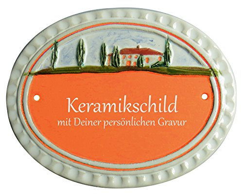 Handarbeit aus Schleswig-Holstein Keramikschild 16,0 x 13,0 cm Motiv Zypressen und Haus (Terracotta)