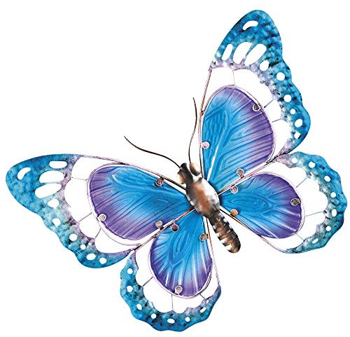 Thompson & Morgan Large Metal Butterfly Garden Wall Art with Colourful Glass Decoration, Dimensions L44 x W2.5 x H34cm (Blue & Purple) (Blue & Purple)