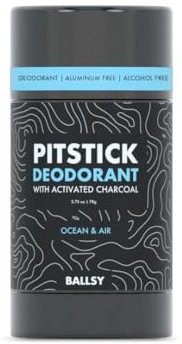 Ballsy Pitstick Activated Charcoal Deodorant - Mens Aluminum & Baking Soda-Free Underarm Deodorant w/Charcoal & Plant Based Extracts for Odor Protection, 2.75 oz