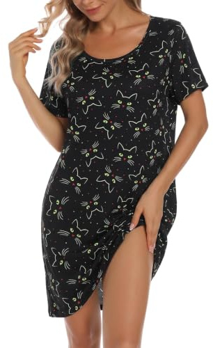 ENJOYNIGHT Chemise de nuit d'été pour femme en coton imprimé à manches courtes T-shirt de nuit pour femme Vêtements de nuit