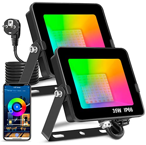LED-strålkastare 35 W smart RGB färgväxling strålkastare Bluetooth App Control IP66 vattentät dimbar stämningsljus för dekorativ scen landskap trädgård träd strålkastare EU 2 stiftskontakt (2-pack)