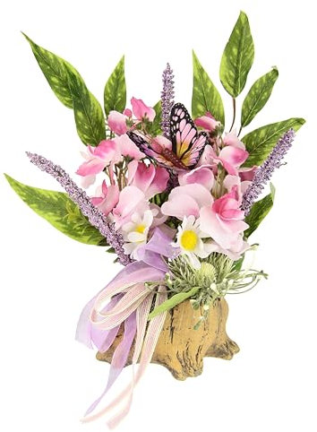 Gesteck aus künstlichen Orchideen Gänseblümchen Schmetterling Schleife Beiwerk im Topf in Holzoptik 23cm Unechte Deko Kunstblumen Osterdeko Frühjahrsdekoration Tischdeko Frühjahr Floristik Blumendeko