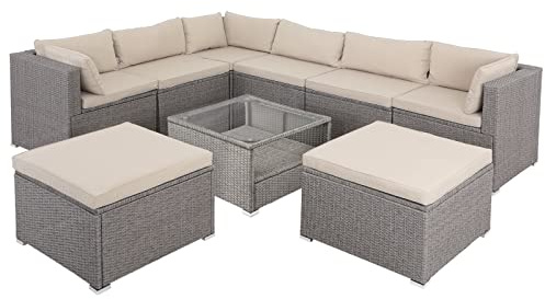 Casaria® Gartenmöbel Set Lounge Möbel für 8 Personen inkl. Auflagen Wetterfest Outdoor Terrasse Gartentisch Sitzkissen Balkon Creme
