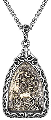 PAMTIER Collier Pendentif Zodiaque Chinois pour Homme en Acier Inoxydable avec Chaîne pour Anniversaire Mouton