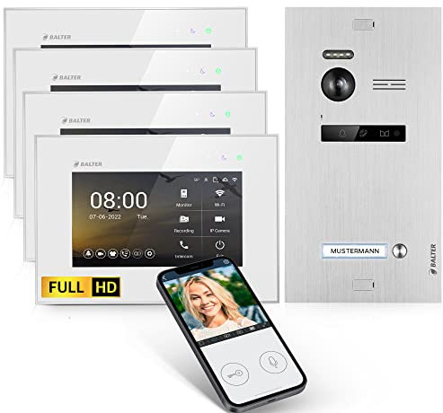 Balter EVO-HD Video Türsprechanlage, Video Türklingel, Smartphone App, 1 Familienhaus Klingel, 4X 7 Zoll HD-Monitore, Full HD-Kamera, 2 Draht Bus, Gegensprechanlage mit 175° Weitwinkel
