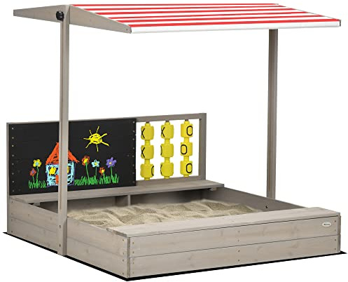 Outsunny Kids Sandbox with Canopy, Bench Seats Wooden Sand Pit, Backyard Toy with Chalkboard, Tic Tac Toe Game, Gift for Girls and Boys, Ages 3-7