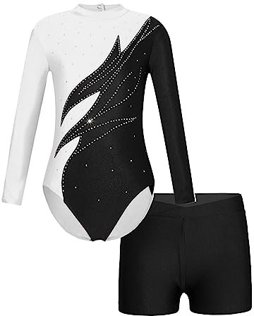 Doomiva Mädchen Turnanzug Langarm Tanzanzug mit Shorts Langarm Ballettkleidung Glitzer Leotard Gymnastik Overall Weiß schwarz 146-152