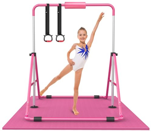 RINREA Gymnastic Bars for Kids with Adjustable Height, Folding Gymnastic Training Kip Bar, Expandable Horizontal Bar for Home (Pink_Mat)