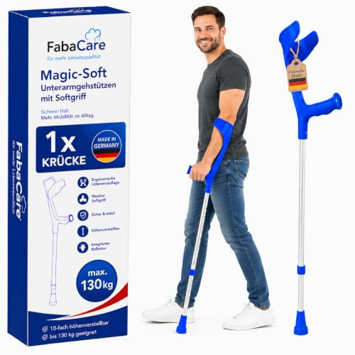 FabaCare Krücke mit Softgriff Magic-Soft, Unterarmgehstütze mit Softgrip, Gehhilfe höhenverstellbar, leichte Gehstütze, Unterarmkrücke bis 130 kg, Blau