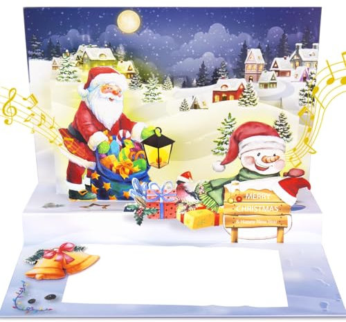 Karte Weihnachten Pop UP mit Licht und Musik 3D Weihnachtsmann Schneemann Merry Christmas Weihnachtskarte mit Umschlag für Kinder Mädchen Frauen Mann Geschenk