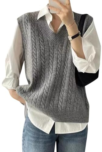 Minetom Damen Weste Strick Pullunder Pullover Ärmellos V-Ausschnitt Strickweste Tank Top Büro Casual Herbst Winter Sweater Tops C Grau L