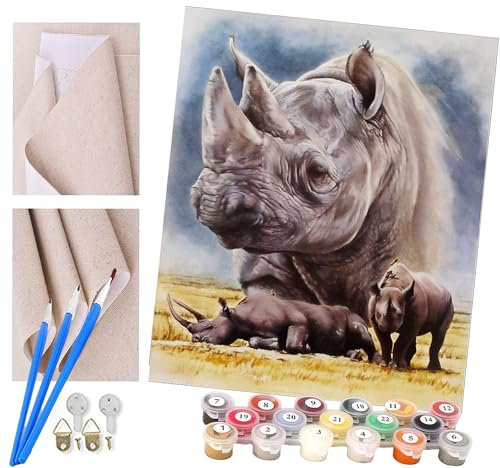 ToeTs Malen nach Zahlen Kits Erwachsene und Kinder DIY Digitales Ölgemälde Geschenk Kits Vorgedruckte Leinwand Kunst Dekoration -Afrikanisches Nashorn 16 * 20 Zoll