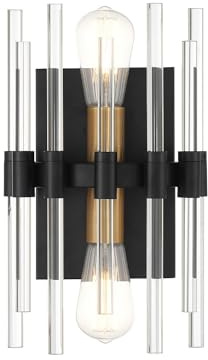 Savoy House 9-1935-2-143 Santiago Mid-Century Modern Sputnik Wall Sconce with Clear Crystal Wands, 2-Light 120 Total Watts, 8'' W x 13'' H, Matte Black with Warm Brass Accents