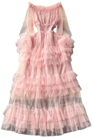 Inzegao Abito Lungo da Donna con Volant in Maglia, A Spalla Svasata, con Maniche Lunghe Trasparenti, in Tulle, per Matrimoni e Feste, rosa, Taglia unica