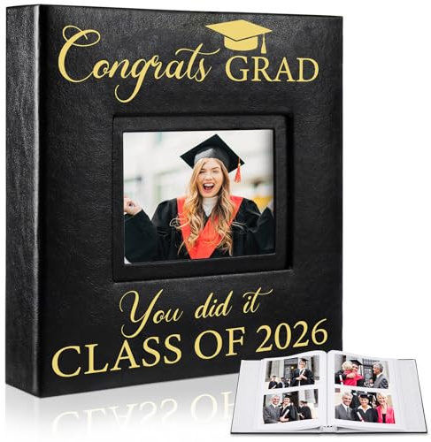 ReliThick Graduation Photo Album Holds 200 Pcs 4 x 6 Inch Photo 2026 Graduation Leather Album with Front Window Memory Scrapbook for College Graduate Gift (Delicate)