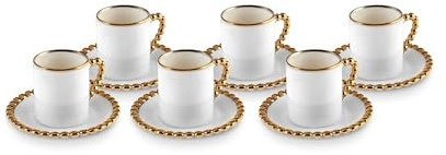 KARACA Boncuk - Bone China Espresso and Turkish Coffee Cup Set for 6, Espresso Cups and Saucers, 80 ml Small Coffee Cups Set 12-Piece - White & Gold