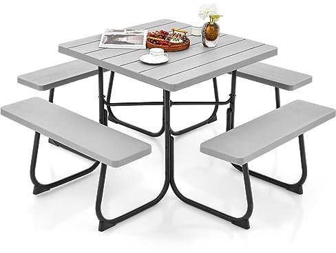 GOPLUS Picknicktisch Set, Gartenmöbel Set für 8 Personen, Sitzgruppe Outdoor inkl. 4 Bänke & 1 Campingtisch mit 4,8cm Schirmloch, Gartentisch Bierzeltgarnitur für Picknick Party (Grau)