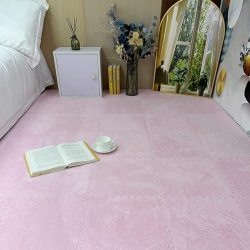 HDMOZUYT 10 Stück ineinander greifende Plüsch-Bodenfliesen für Spielzimmer, Teppichquadrate, 12 x 12 Zoll Flauschige Puzzleteil-Bodenmatte, Puzzlematte für Wohnzimmer (Größe: 0,39 Zoll, Farbe: Rosa)