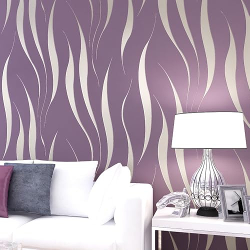 Anttyscar 3D Abstract Purple Wallpaper Non-Woven Wave Stripes Roll 3D Embossed Wave Wallpaper Purple Silver Glitter Wallpapers Feature Stripe Modern Geometric Patterned for Livingroom Bedroom