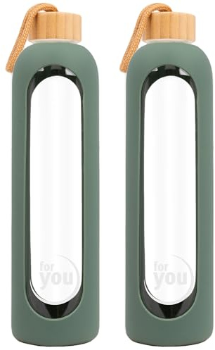 for you Nachhaltige Trinkflasche green olive - 2x750ml aus Glas + Silikonhülle - 0,75Liter Auslaufsichere Wasserflasche mit Bambusdeckel - 100% BPA frei - geeignet von -20°C – 150°C