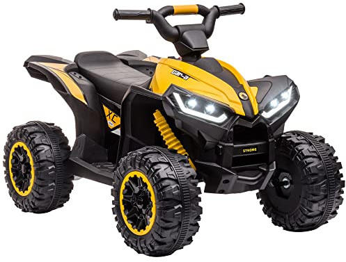 HOMCOM Elektrisk fyrhjuling 12 V barnfyrhjuling med USB-port, barnmotorcykel med MP3-musikspelare, strålkastare, barnfordon för barn 3–5 år, 3–6 km/h, metall, gul