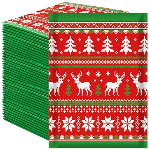 JarThenaAMCS Luftpolster-Versandtaschen, Weihnachtsmotiv, selbstklebend, Elch, Schneeflocke, Weihnachtsstern, für Weihnachten, Winter, kleine Unternehmen, 21,1 x 29 cm, Rot / Grün, 50 Stück