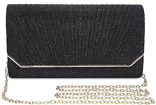 BAIGIO Elegante Abendtasche Damen Clutch Umhängetasche Klein Handtasche Brauttasche mit Glitzer und Abnehmbarer Kette, Frauen Kettentasche für Hochzeit Party Cocktail Abschlussball Freizeit (Schwarz)