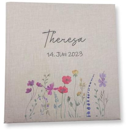 Tenii® Fotoalbum personalisiert Baby, Kind Blumen Leinen, Erinnerungsalbum (25x25cm - 60 Seiten) (30x31cm - 100 Seiten)