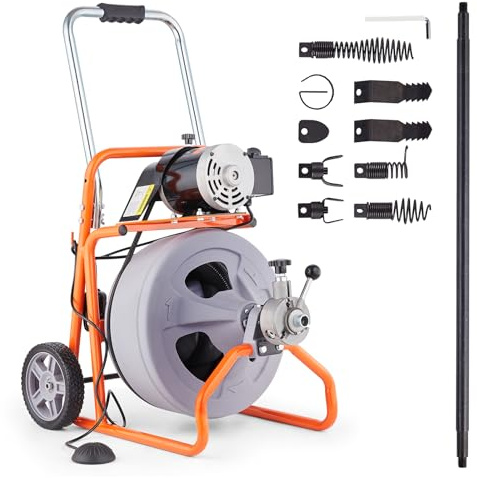 VEVOR Drain Cleaner Machine 75FT x 1/2 Inch, Auto Feed Sewer Snake Drain Auger on Wheels, Portable Drain Cleaning Machine with 8 Cutters & Air-activated Foot Switch for 2 to 4 Pipes
