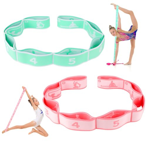 Zuimei 2Pcs Stretching Bands Gymnastics Stretch Band Yoga Straps with 8 Adjustable Loops for Stretching, Leg Stretcher Strap Yoga Pull Strap Flexstrap for Pilates, Dance, Gymnastics, Pink,Green