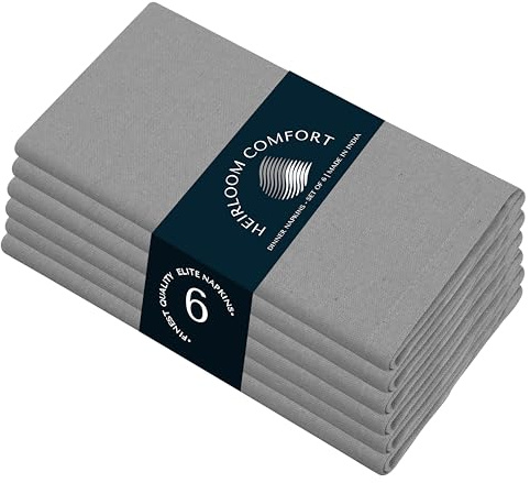 HEIRLOOM COMFORT Graue Stoffservietten, 6 Stück, 100 % Baumwolle, 43 x 43 cm, weich, waschbar, wiederverwendbar, perfekt für Hotels, Restaurants, Mittagessen, Hochzeiten, Veranstaltungen, Partys, den