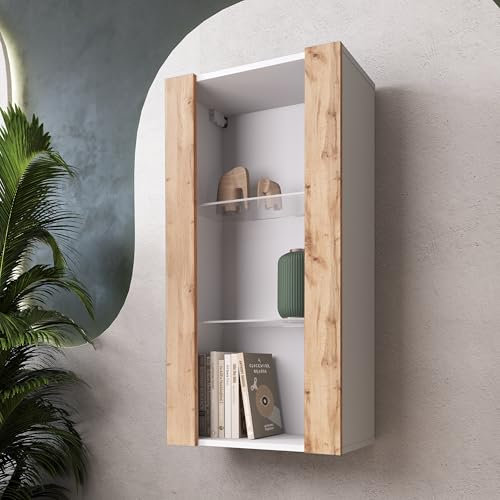 Komodee, Hängende Vitrine Schrank Tivoli Vertical, Wotan/Weiß, Breite 50cm x Höhe 100cm 50cm x Tiefe 29cm, 2 Regalböden, für Wohnzimmer, Schlafzimmer, Eingang