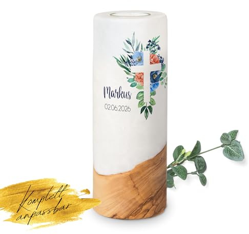MOMENTU® Taufkerze personalisiert Holzelement Florales Kreuz Blau Ø8 x 20 cm - [Teelichteinsatz] Taufgeschenk für Jungen, Blau, Orange, modern, selber machen, selber gestalten, nachhaltige Rohstoffe