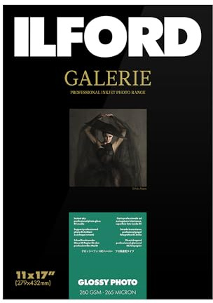 ILFORD Galerie 27,9 x 43,2 cm (25 Blatt) Glänzendes Foto mit hochglänzender glatter Oberfläche, sofort trocknendes Archiv-Fotopapier, 10 mil / 260 g/m², für Farbstoff- und Pigmenttintendrucker