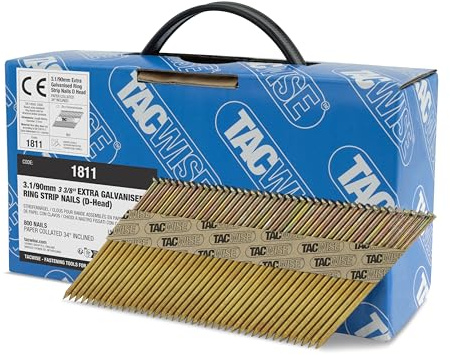 Tacwise 1811 Extra Verzinkte Rahmennägel 3,1/90 mm, 34°, 800 Stück | D-Kopf, Ringschaft, mit 34° Neigung, Papiergebunden