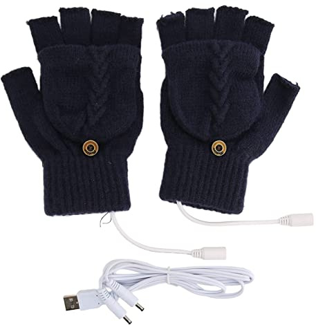 Gants chauffés USB tricotés sans Doigts pour Hommes Femmes Chauds Gris foncé d'hiver pour la Maison de Bureau Usage extérieur (Dunkelblau)